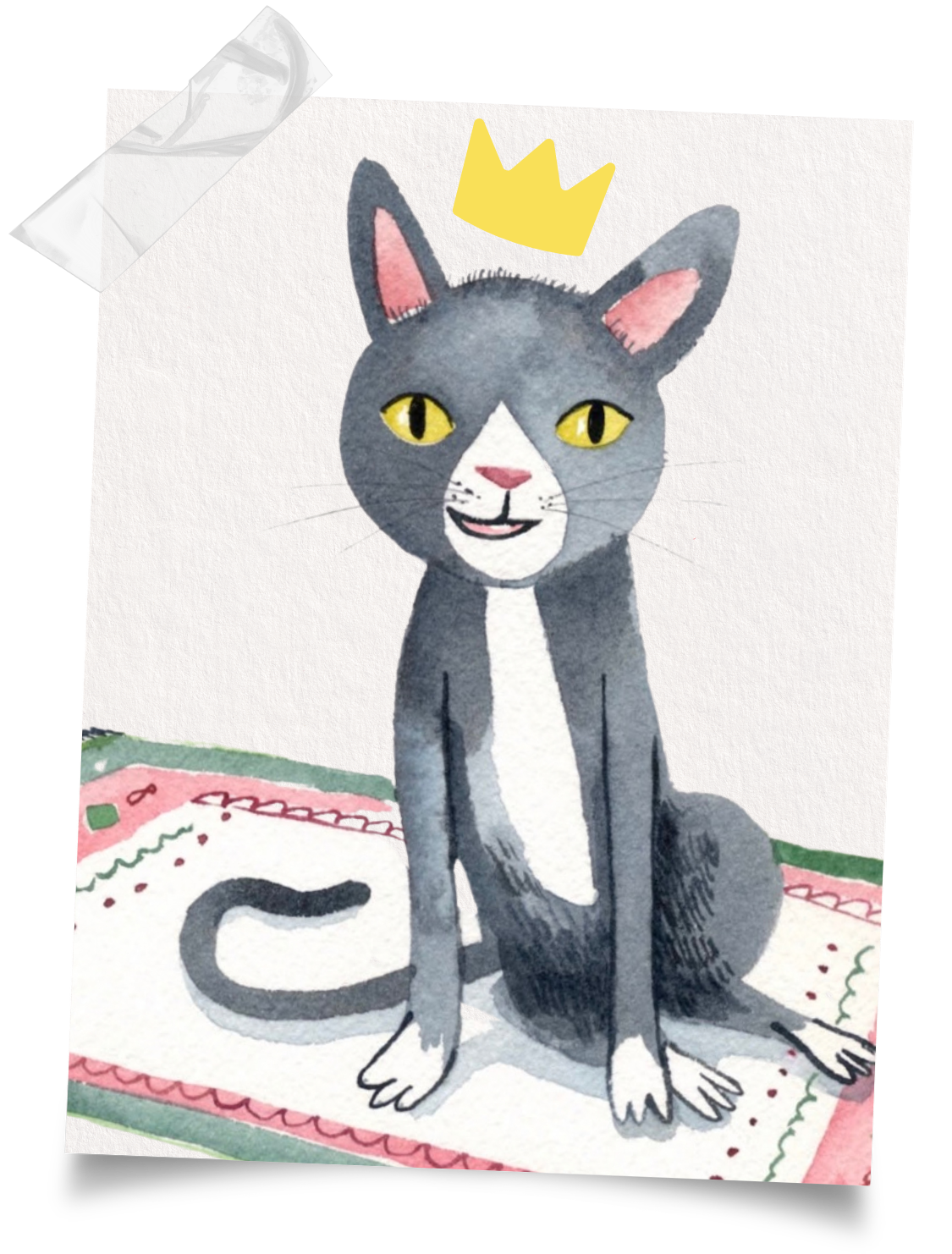 Watercolor painting of a gray and white cat with yellow eyes, wearing a yellow crown, sitting on a decorative rug.