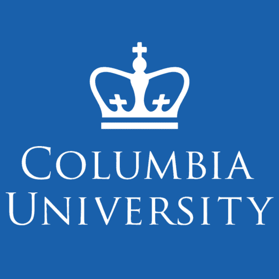 Columbia University logo with a white crown on a blue background.