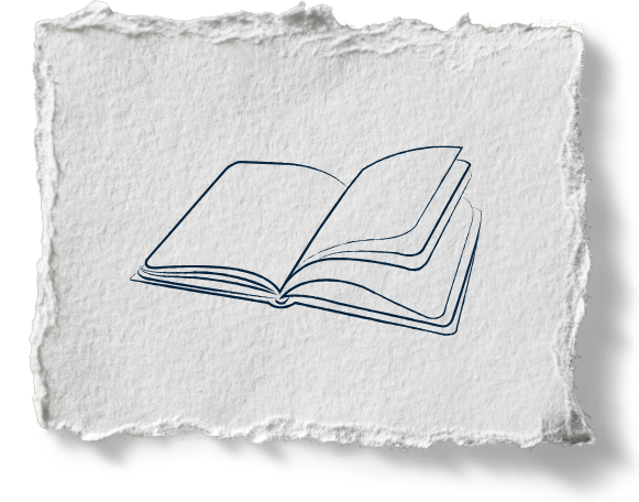 A simple line drawing of an open book with multiple pages on textured paper.