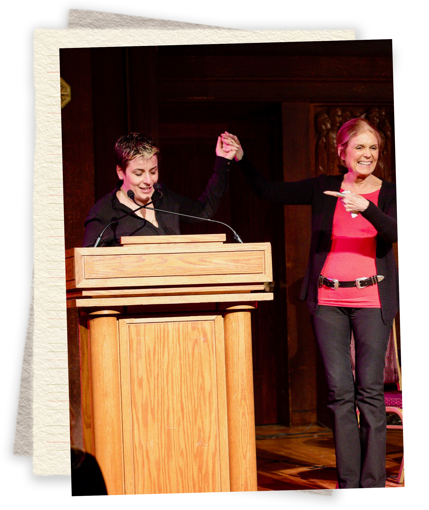 Winter Miller and Gloria Steinem on stage at a new play development reading