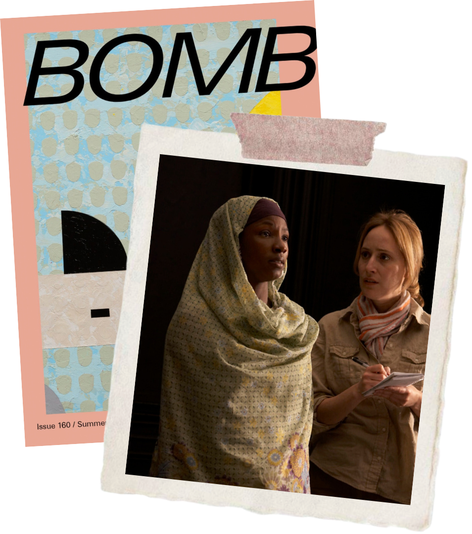Production photo of In Darfur in front of a magazine cover for Bomb Magazine