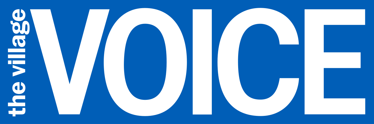 Blue and white graphic with the words "The Village Voice" vertically on the left and "VOICE" in large letters in the center.