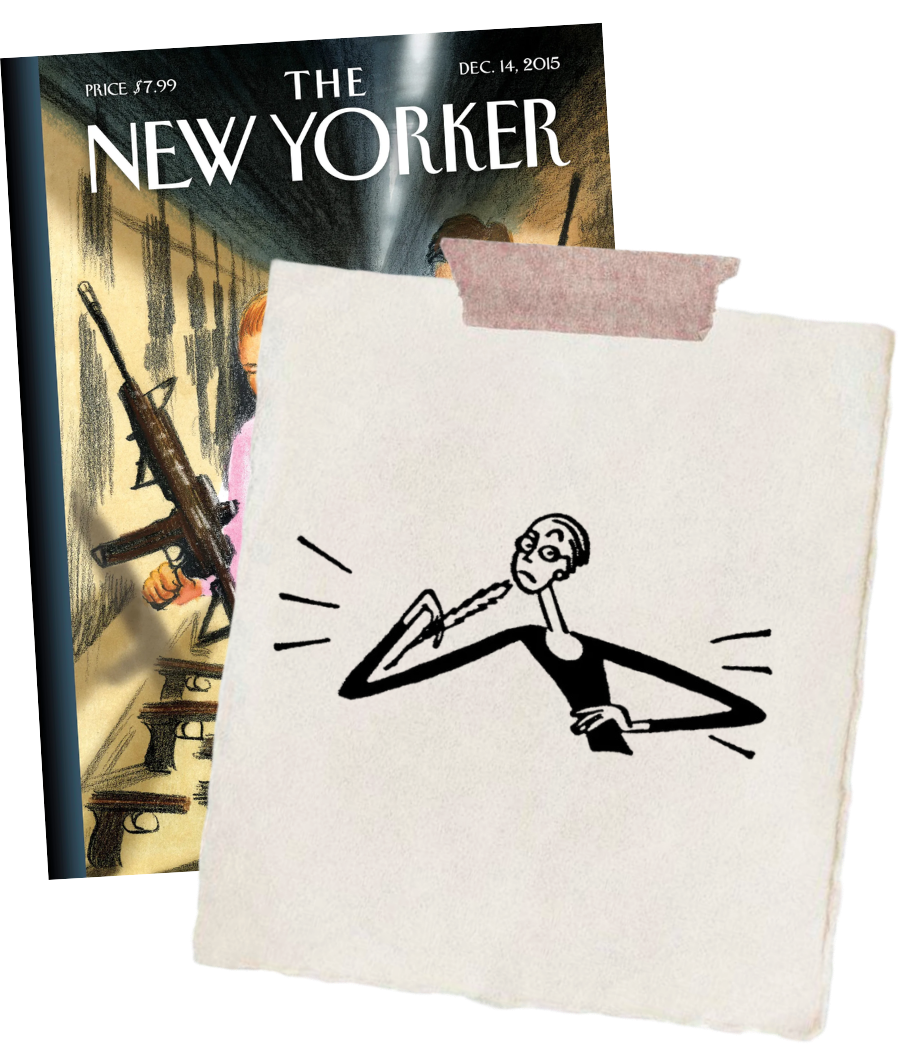 A sketch of a woman talking on a phone, with a magazine titled 'The New Yorker' behind it.