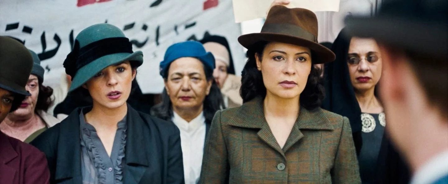 Group of women dressed in vintage clothing and hats, standing outdoors during daytime.