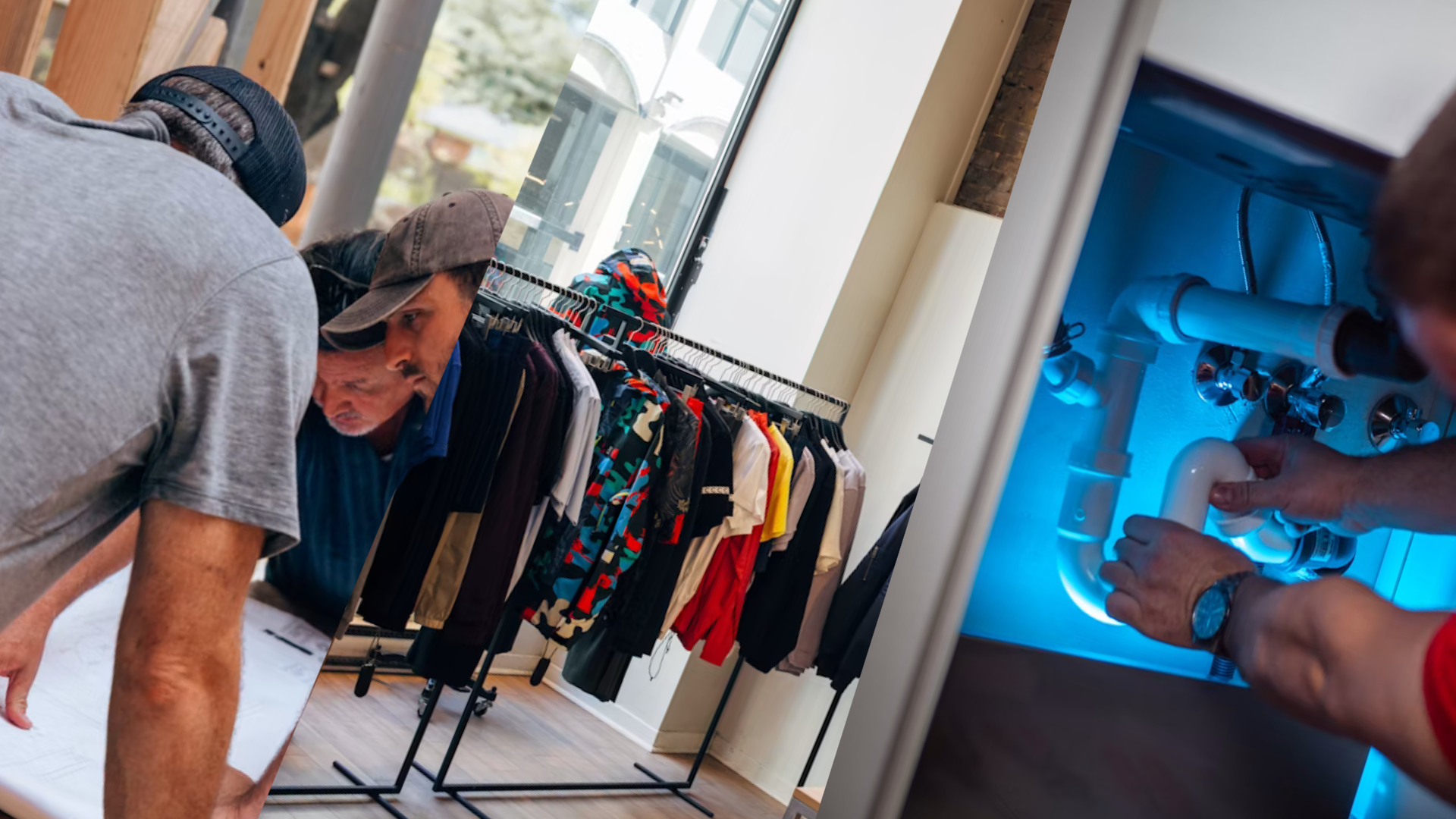 People inspecting a blueprint in a clothing store while another person works on plumbing under a sink with blue lighting.