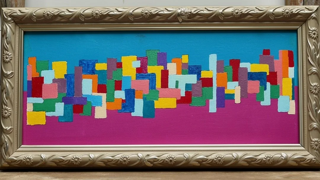 Colorful abstract cityscape painting with rectangular shapes in a gold ornate frame.