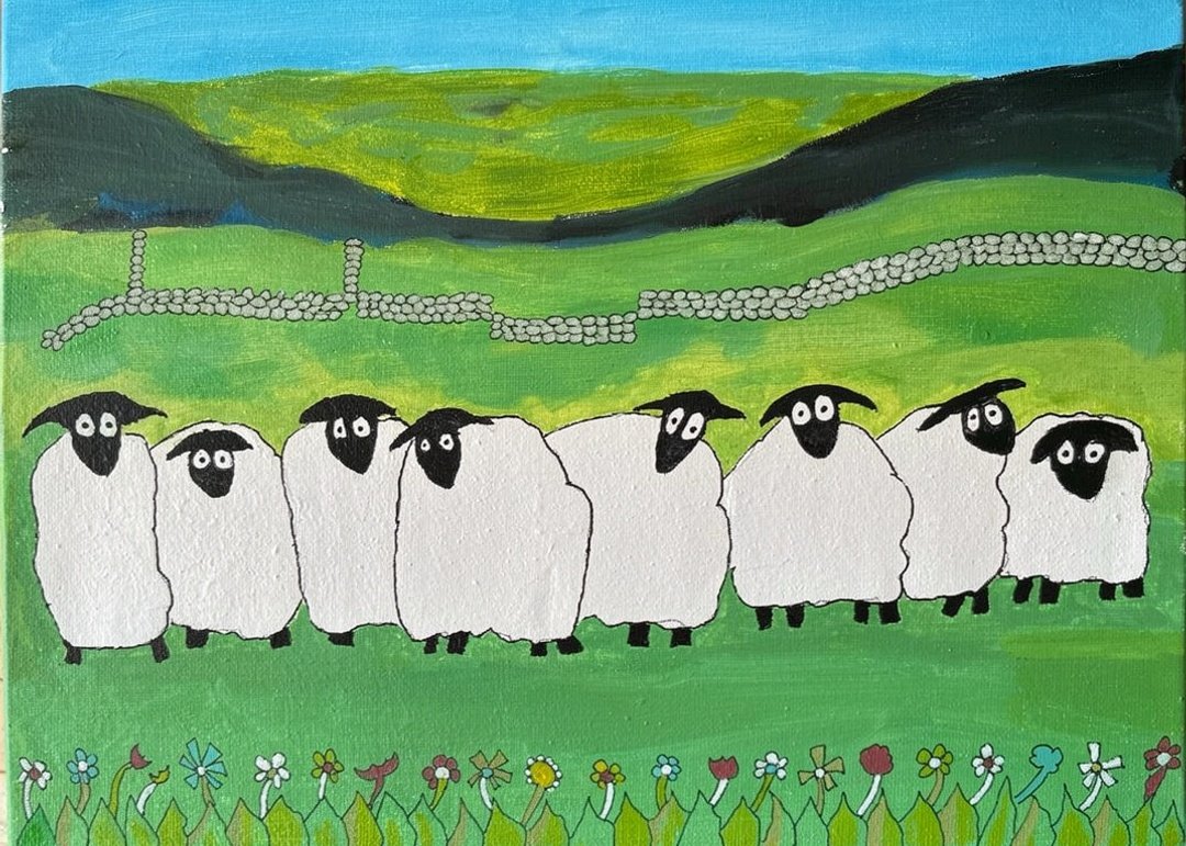 Whimsical Sheep Meadow Folk Art Print
