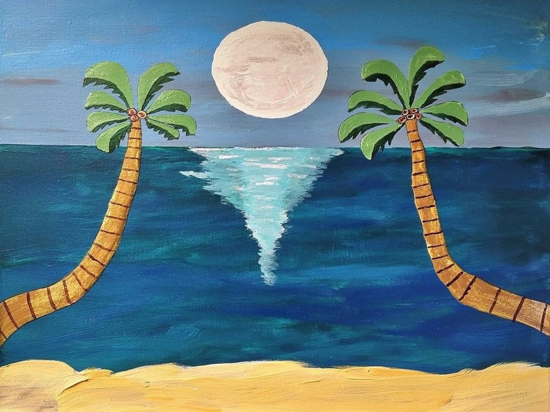 Moonlit Beach Folk Art Canvas