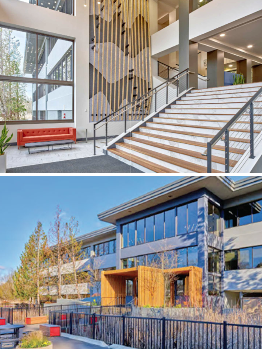 Two images: the first shows the interior of a modern building with a staircase, large windows, a red sofa, and a decorative wall with vertical wooden slats, while the second shows the exterior of a modern multi-story building with glass windows, wooden accents, and outdoor seating area surrounded by trees.