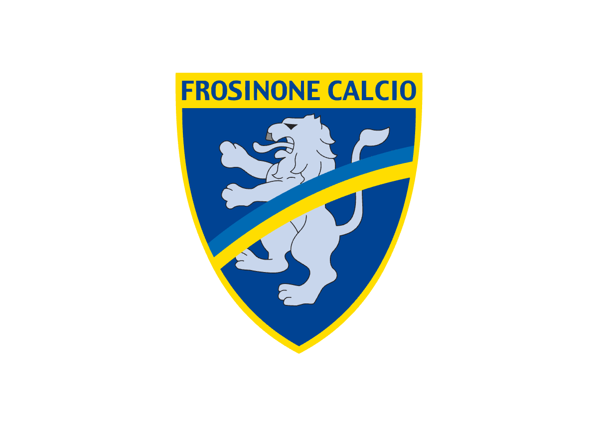 Frosinone Calcio sports team logo featuring a blue shield with a yellow border, a stylized lion in gray with a blue background, and the team name in blue on a yellow banner at the top.