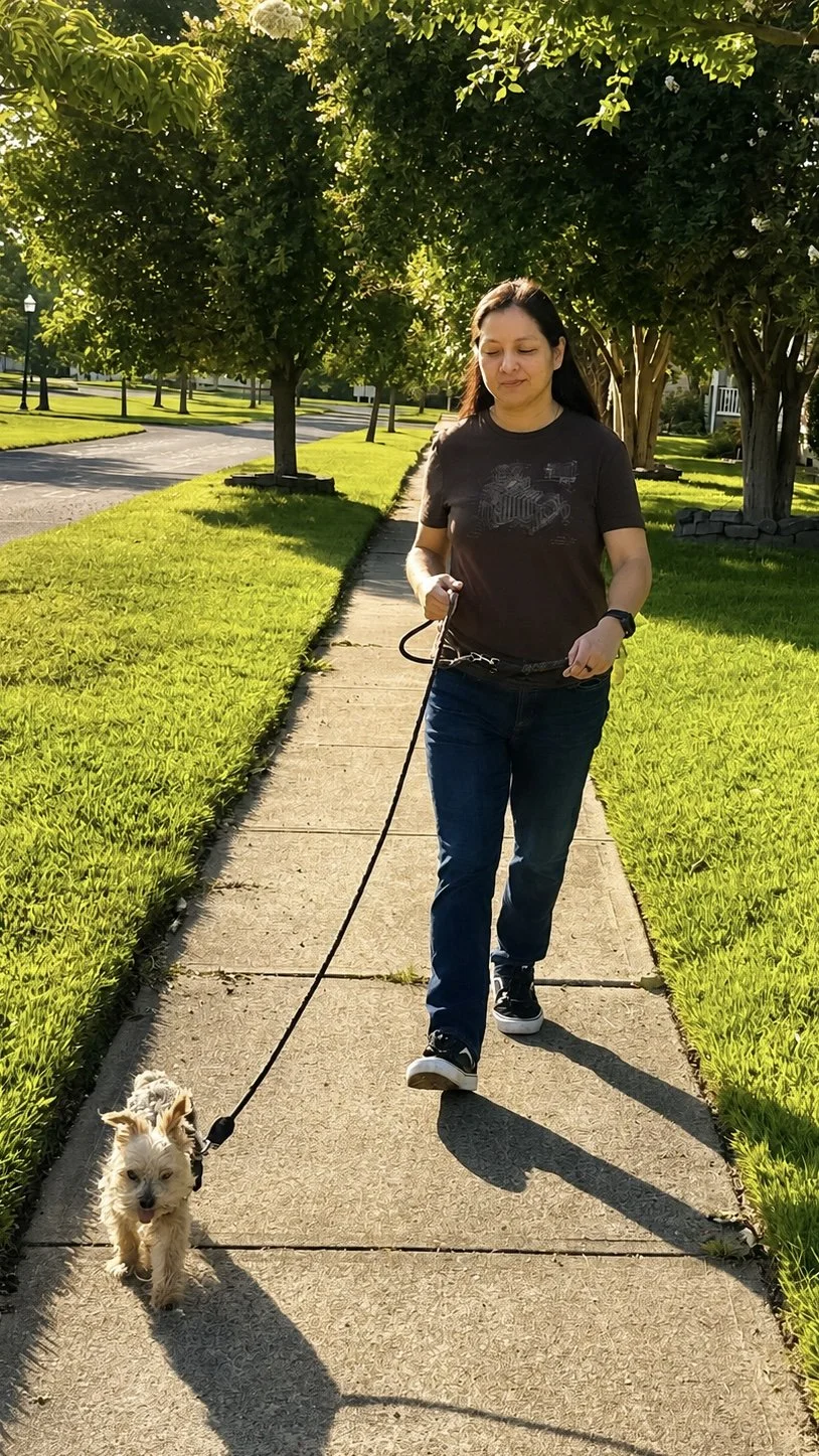 Elizabeth walking her Yorkie, Sloan, on a leash along a tree-lined sidewalk.