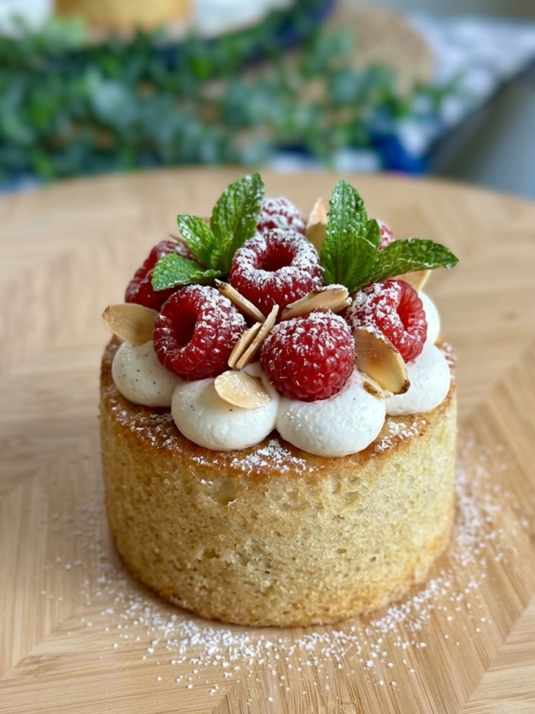 Small round cake topped with raspberries, fresh mint leaves, almond slices, powdered sugar, and dollops of whipped cream, on a wooden cutting board.
