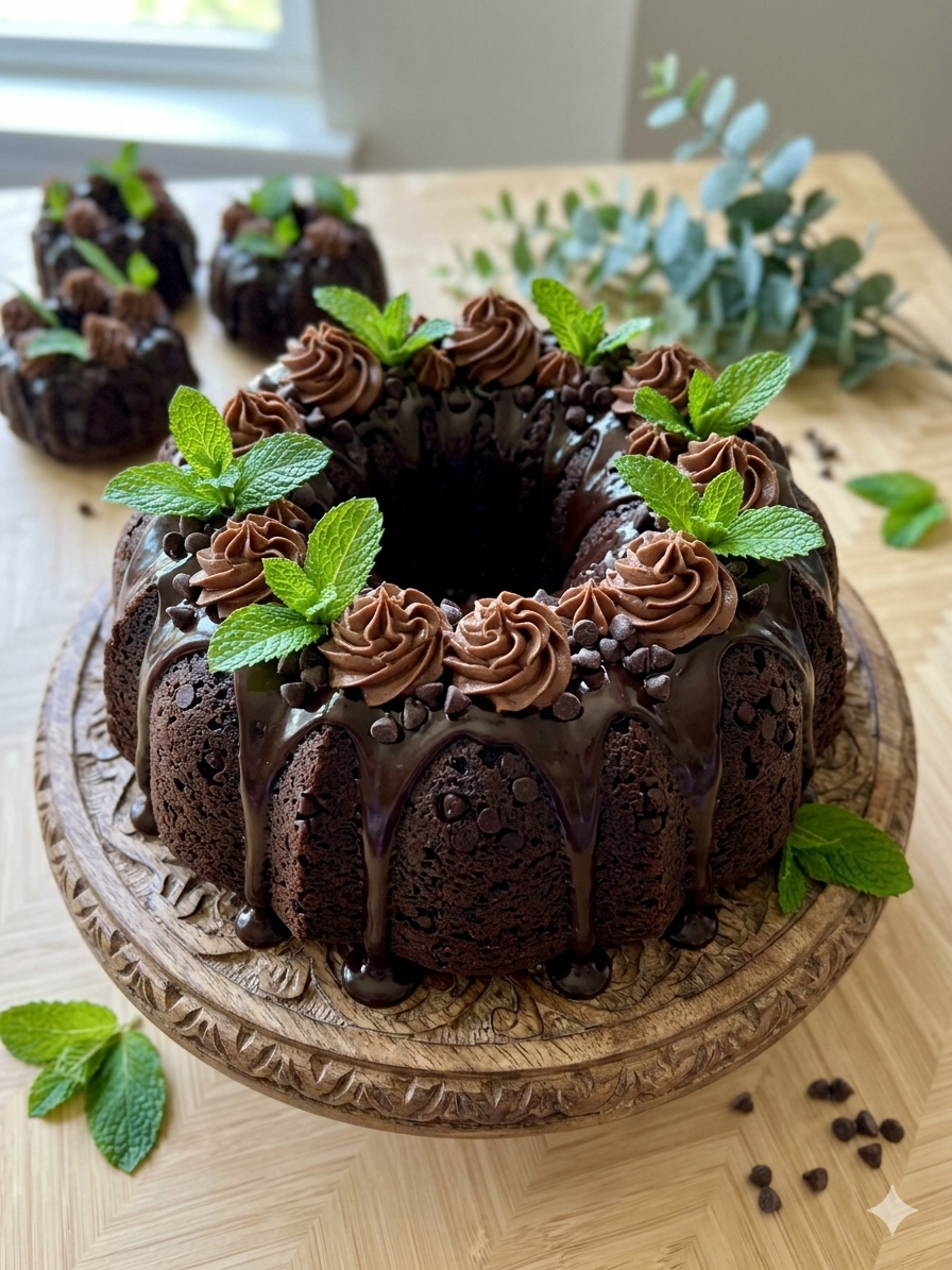 Chocolate Bundt cake decorated with chocolate frosting, mint leaves, and chocolate chips on a wooden cake stand.