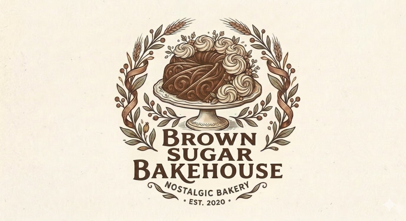 Logo for Brown Sugar Bakehouse featuring a pie with whipped cream and chocolate, surrounded by wheat and leaves, with text indicating it is a nostalgic bakery established in 2020.