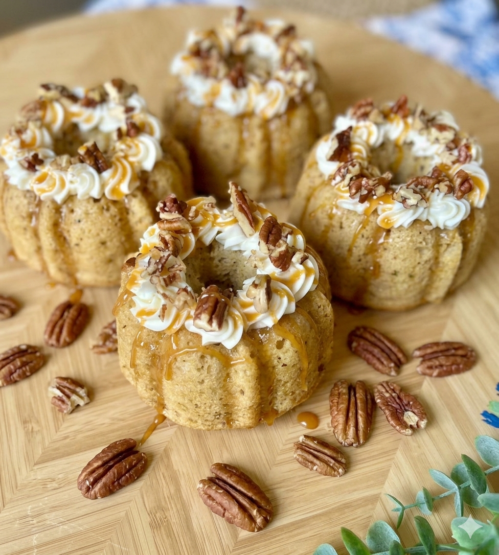 Four mini bundt cakes topped with whipped cream, crushed pecans, caramel drizzle, and caramel syrup, arranged on a wooden serving board with scattered pecans.