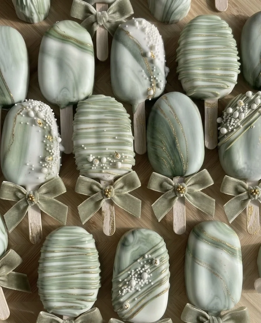 A collection of green and white marbled chocolate popsicles decorated with small white and gold sugar beads. Some have gold and pearl accents and are tied with matching green velvet bows at the sticks.