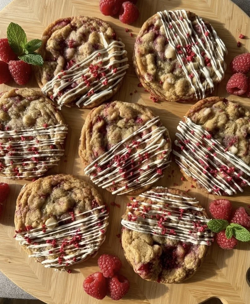Six raspberry scones drizzled with white icing and sprinkled with red berry crumbs on a round wooden tray, garnished with fresh raspberries and mint leaves.