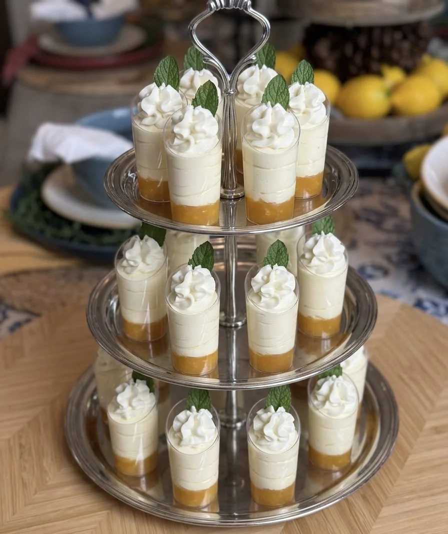 Tiered tray with small dessert cups topped with whipped cream and mint leaves.