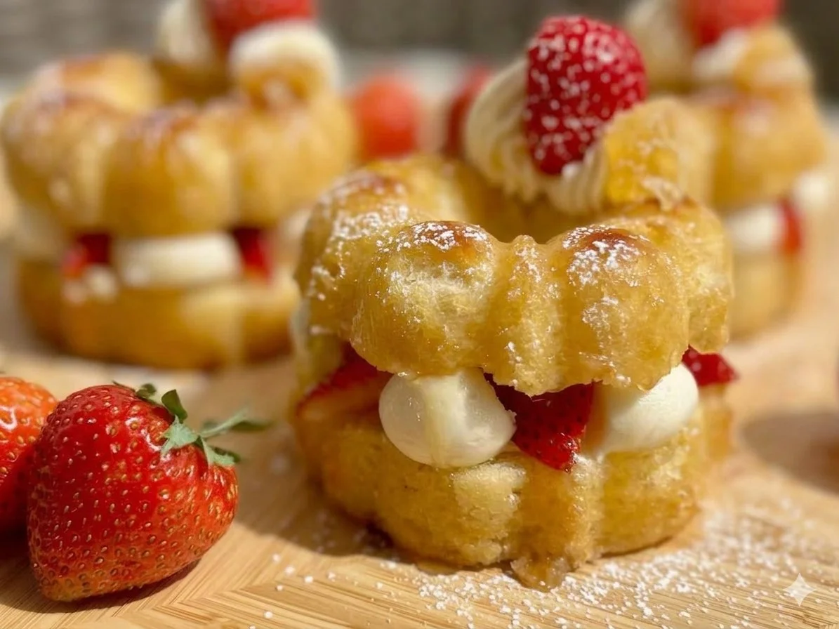 A close-up of a dessert with two layers of fried dough filled with strawberries, whipped cream, and small marshmallows, garnished with powdered sugar and surrounded by fresh strawberries.