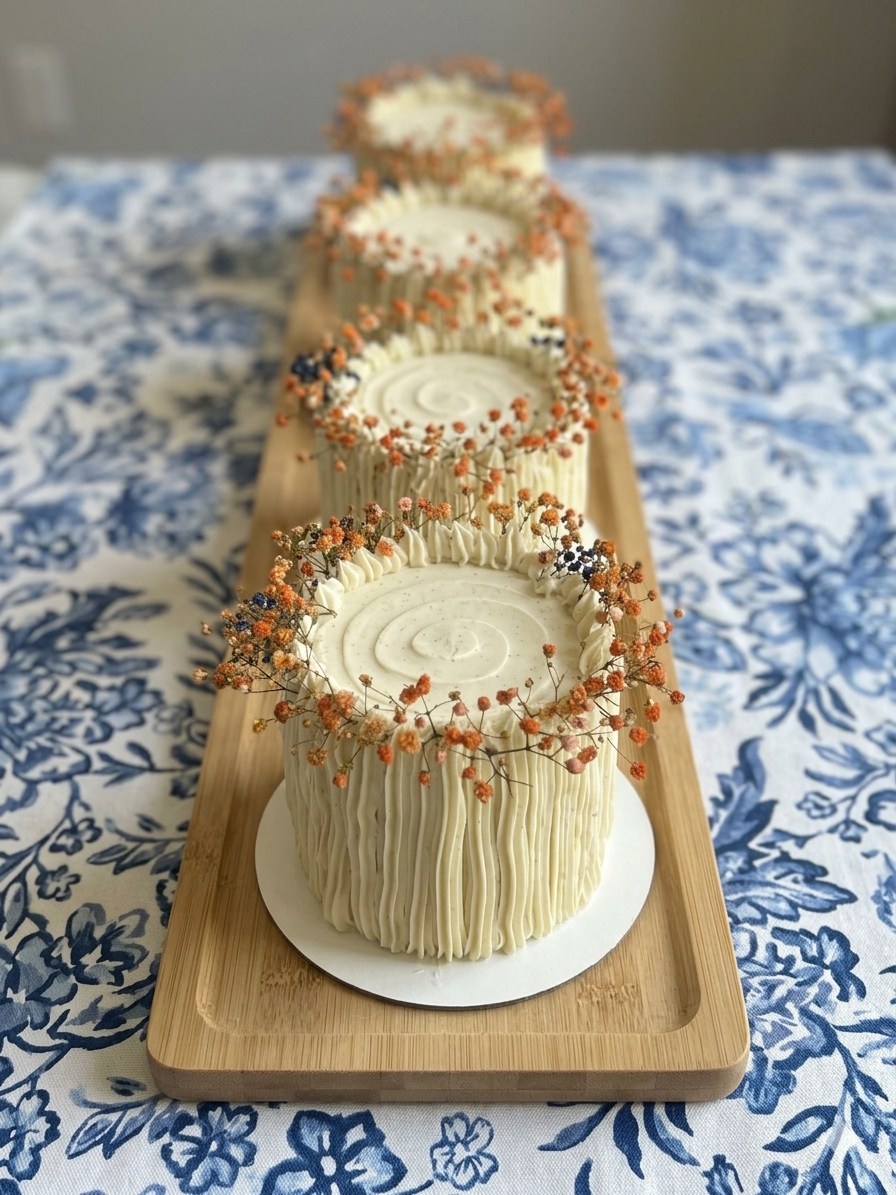 A row of four round cakes with white frosting and decorative orange and pink flowers on top, placed on a wooden serving tray on a blue and white floral tablecloth.