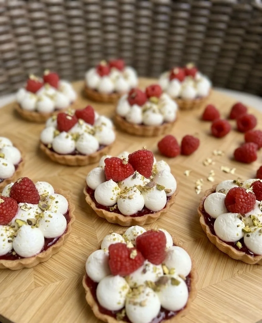 Multiple raspberry tartlets on a wooden surface, topped with whipped cream, raspberries, and sprinkled with chopped pistachios.