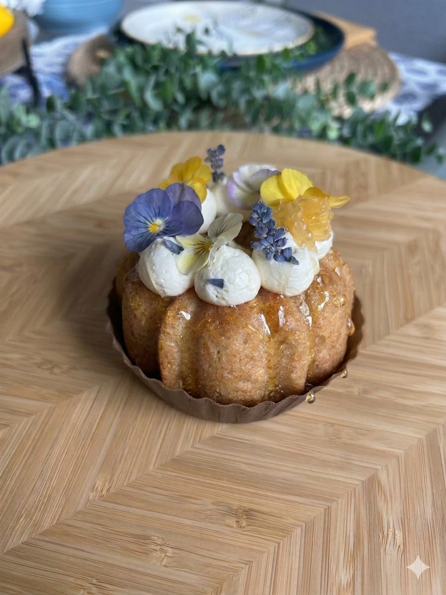 A decorated cupcake with yellow and purple edible flowers and dollops of white cream on top, placed on a wooden surface.