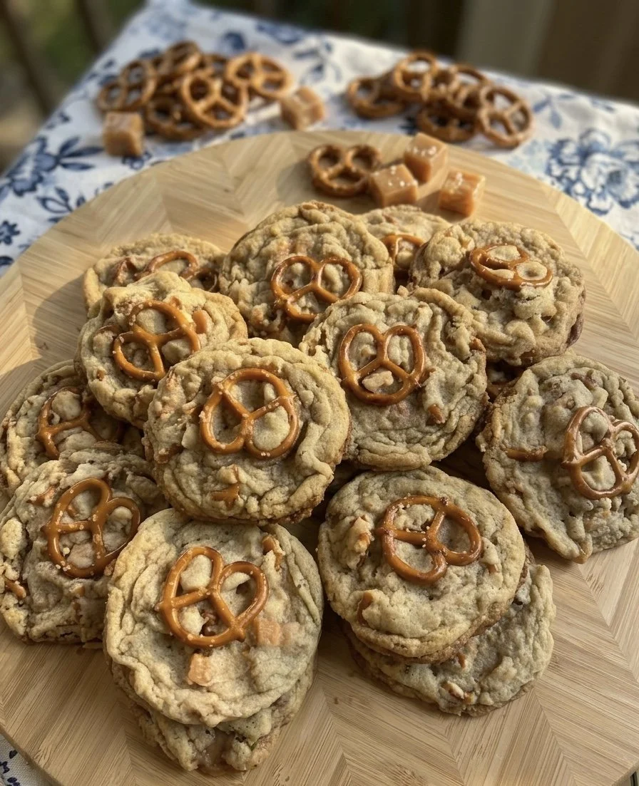 Pile of pretzel-topped oatmeal cookies on a wooden plate with extra cookies and caramel candies in the background.