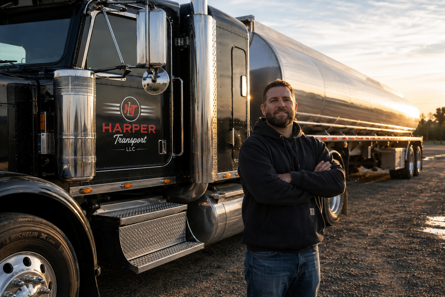 A man with a beard wearing a black hoodie and jeans stands with arms crossed in front of a black semi-truck with chrome accents labeled 'Harper Transport LLC' on the door, during sunset with a partly cloudy sky in the background.