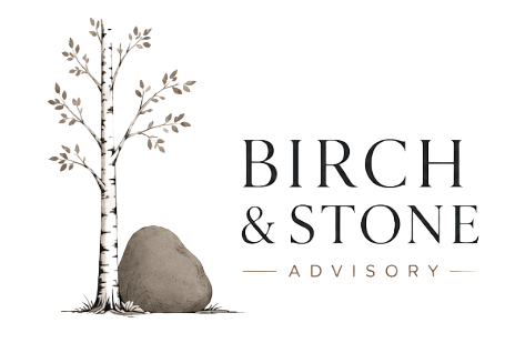 Logo with a tree, a large stone, and the text 'Birch & Stone Advisory'.