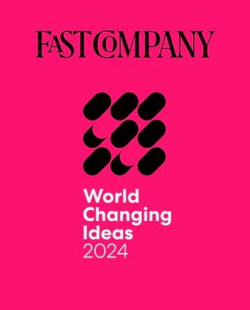Fast Company 2024 World Changing Ideas report cover with pink background and black and white text