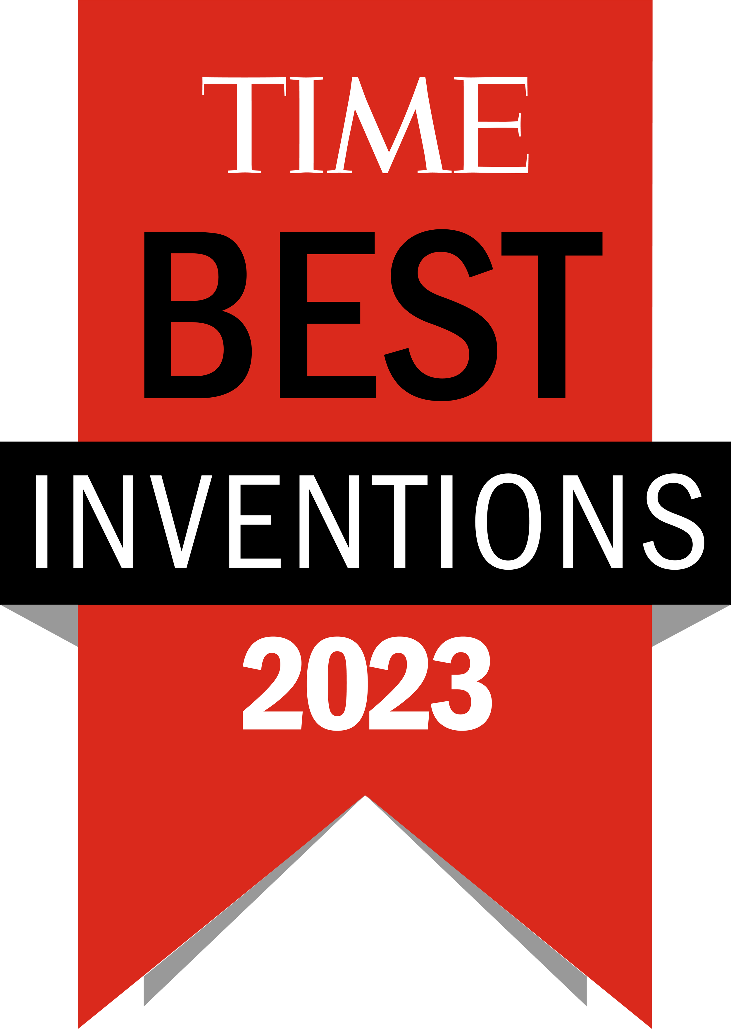 Red and black award ribbon with text 'TIME BEST INVENTIONS 2023'.
