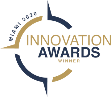 Graphic design of an award logo with the text 'Global 2020 Innovation Awards Winner' surrounding a stylized compass or star in blue, gold, and black colors.