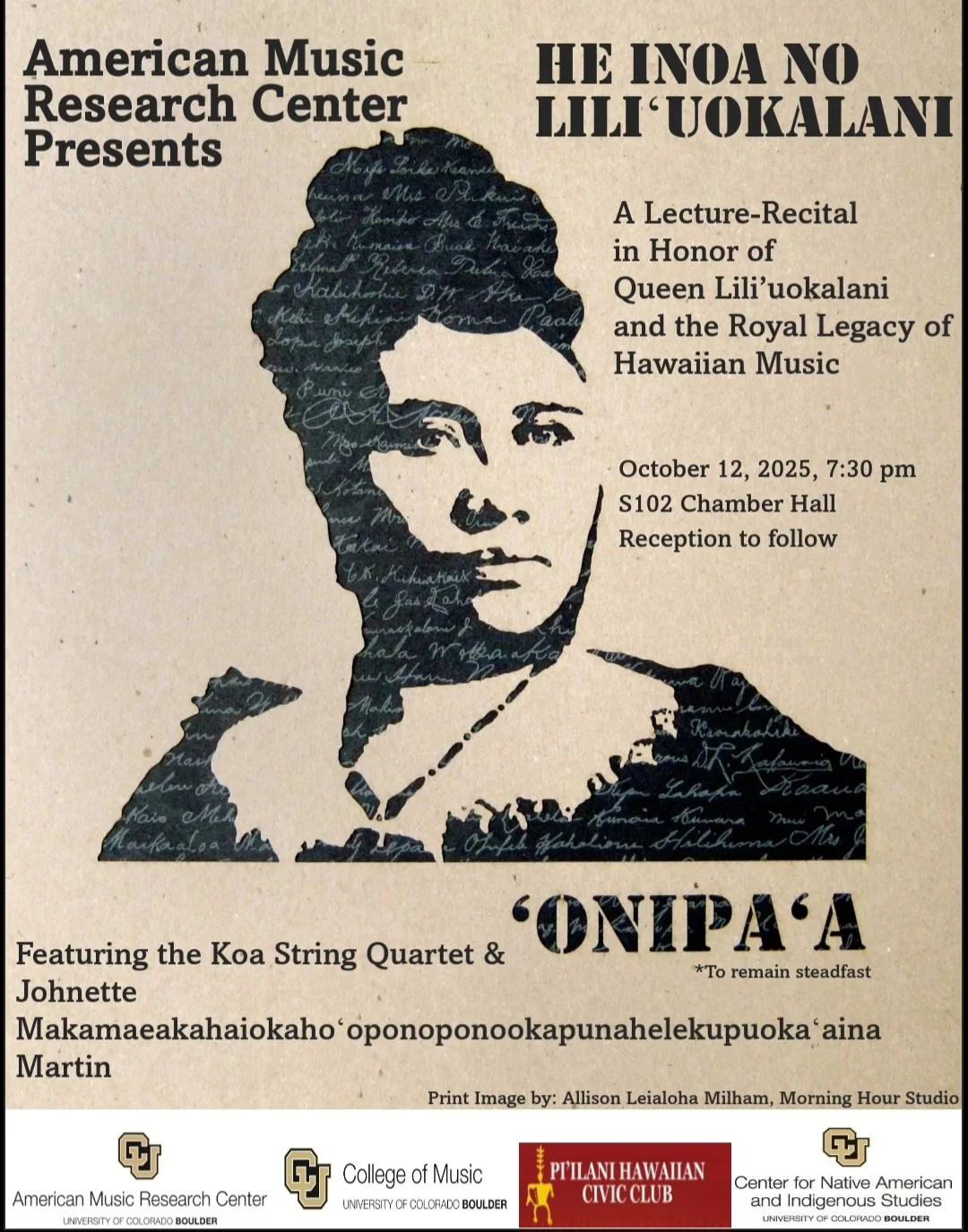 Poster for a lecture-recital honoring Queen Lili’uokalani, featuring an illustration of Queen Lili’uokalani with a textual background. Details include the date, time, location, and performers.