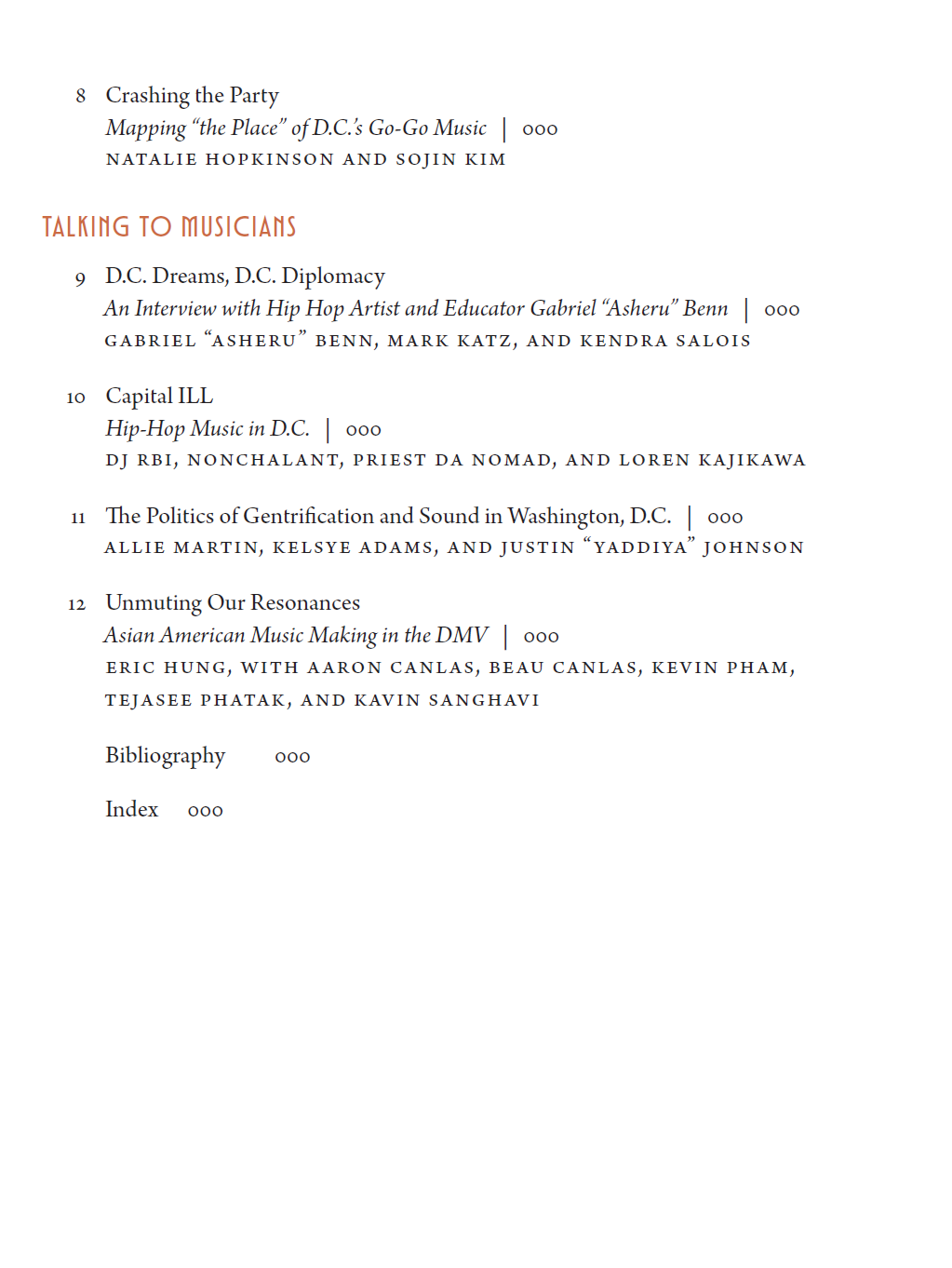 Table of contents from a book or publication listing chapters and sections related to music, including titles, authors, and page numbers.