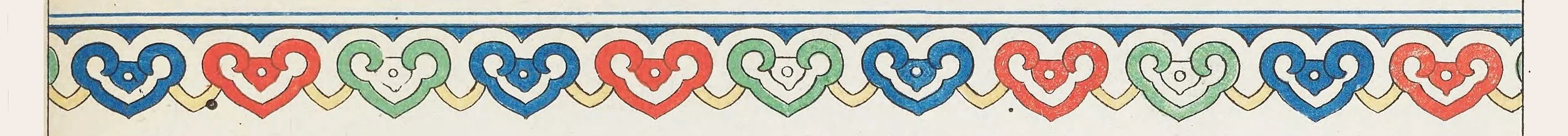 Colorful decorative border featuring interconnected hearts in red, blue, green, and yellow, outlined in black.