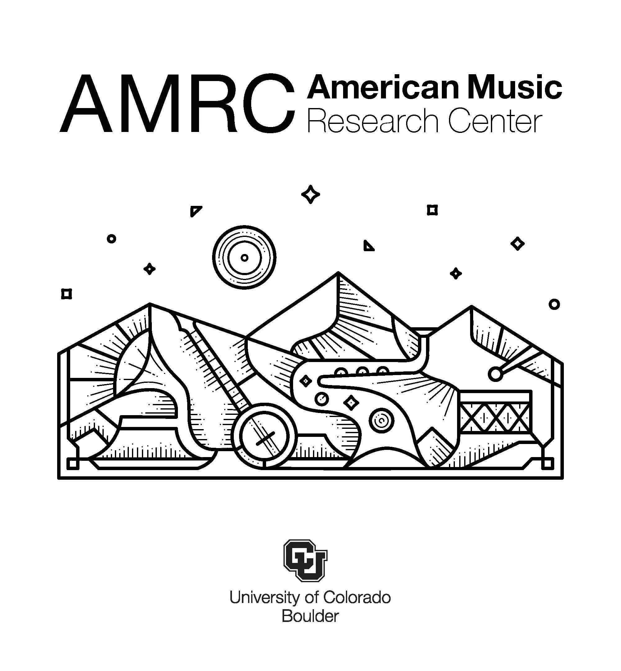 Black and white image featuring the American Music Research Center logo, with mountain and musical instrument illustrations.