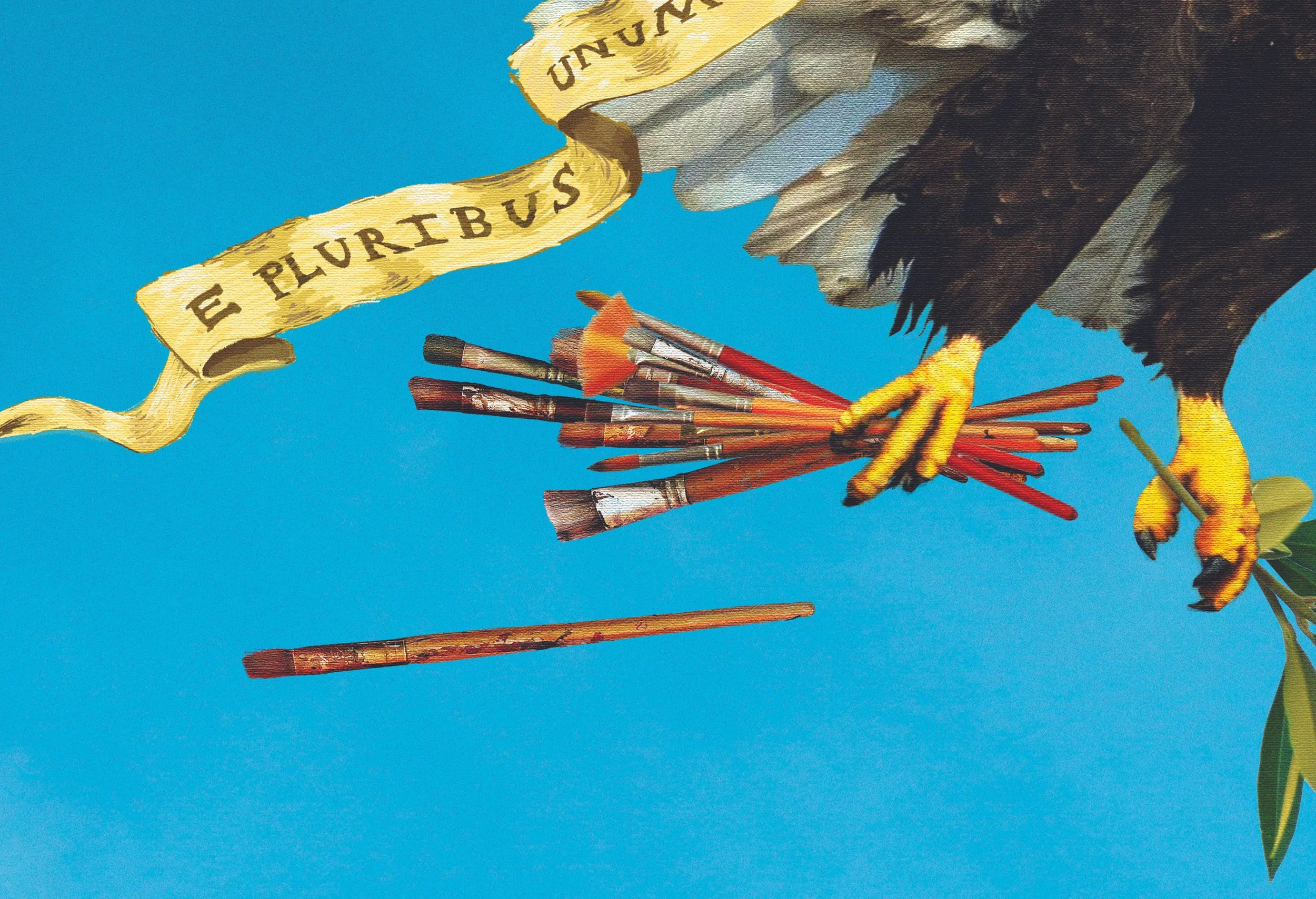 A close-up of an eagle clutching a bundle of paintbrushes with a blue background. The eagle is holding a yellow ribbon with the words 'E Pluribus Unum' written on it.