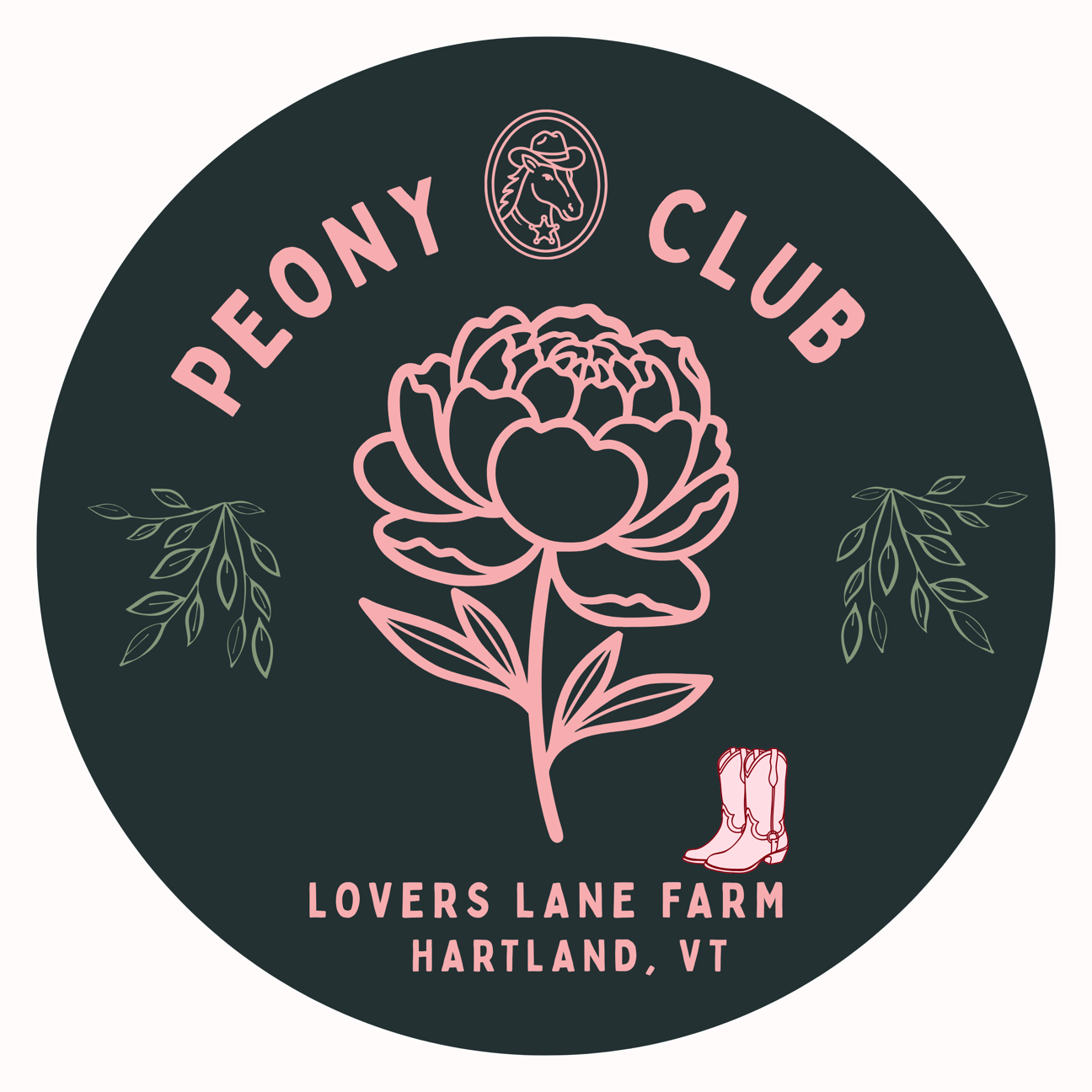 Stylized logo for Peony Club at Lovers Lane Farm in Hartland, Vermont, featuring a pink peony flower, two small leafy branches, a small cowboy boot, and a cartoon horse wearing a cowboy hat and neckerchief.