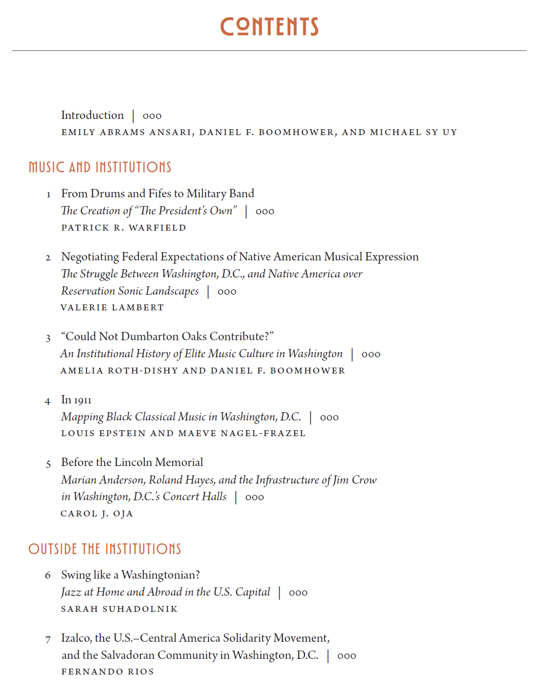 Table of contents page from a book, showing sections and chapter titles about music, Native American musical expression, and Washington, D.C. history, with subtitles, authors, and page numbers.