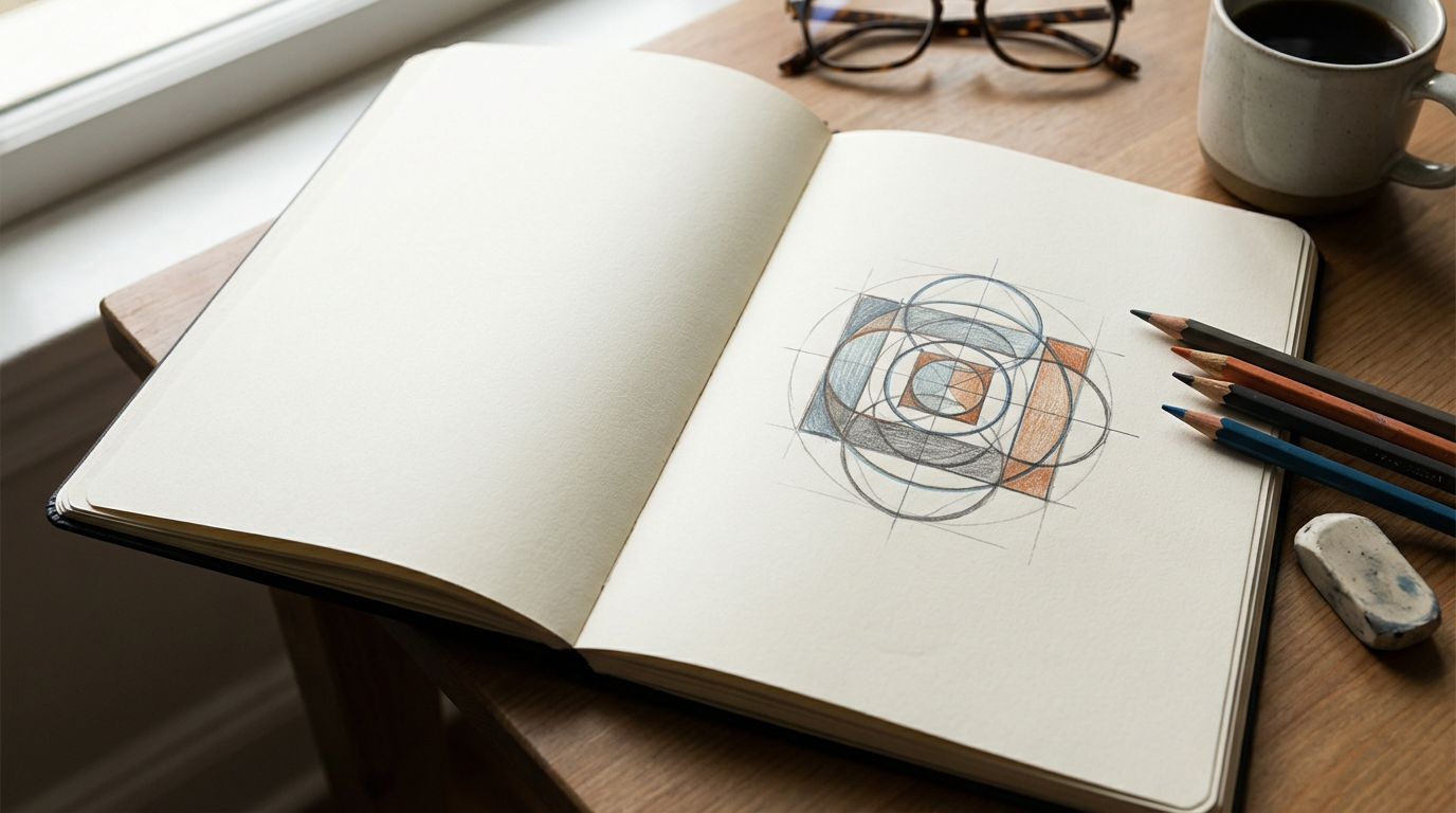Open sketchbook on a wooden desk displaying a geometric drawing with circles and squares in blue, orange, and gray, alongside colored pencils, a cup of coffee, eyeglasses, and an eraser.