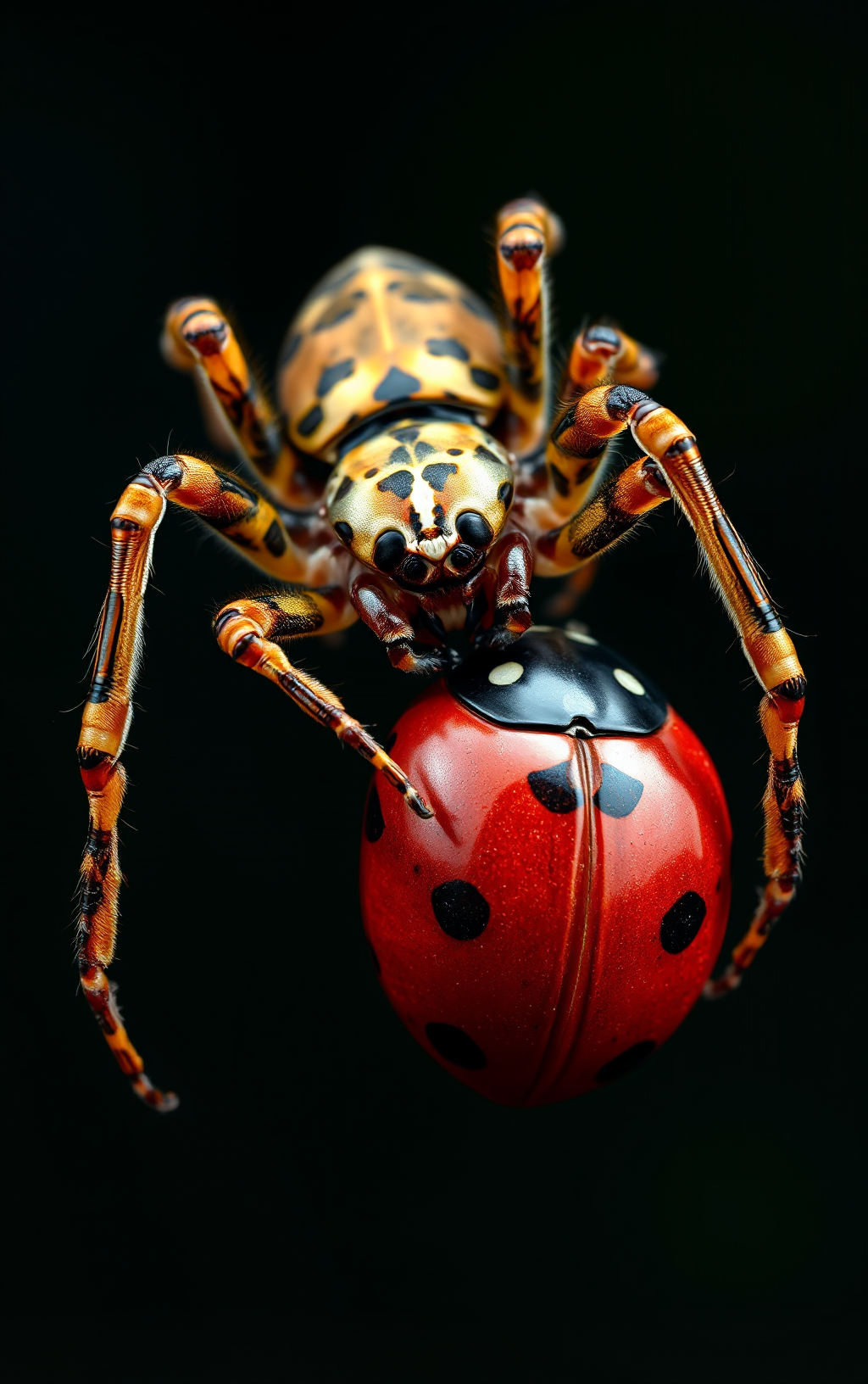 Close-up of a spider capturing a ladybug on a black background.