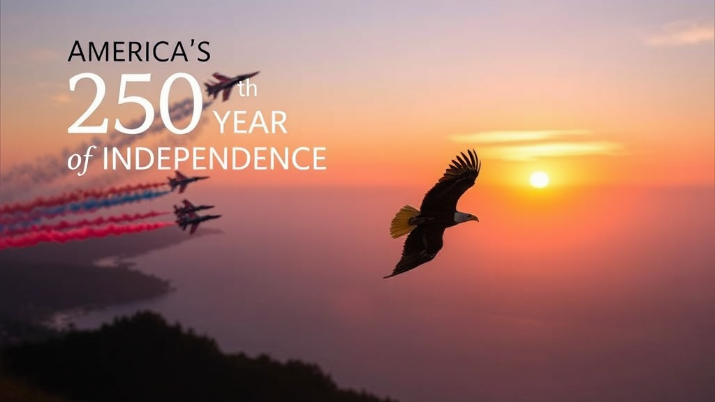 Fighter jets flying in formation creating red, white, and blue smoke trails during sunset over the ocean, with an eagle flying in the foreground and a sunset in the background, celebrating America's 250th Independence anniversary.