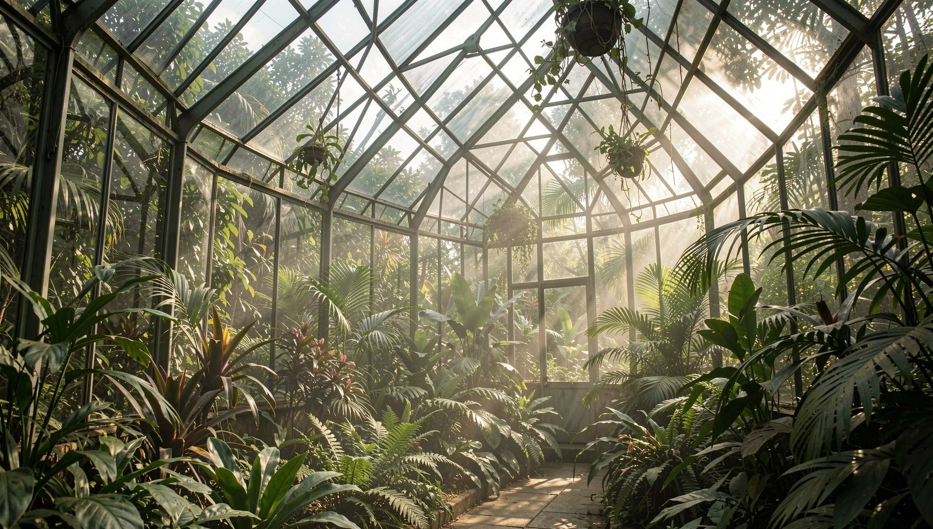 Inside a glass greenhouse filled with lush green tropical plants and hanging potted plants, sunlight streaming through the glass roof beams.