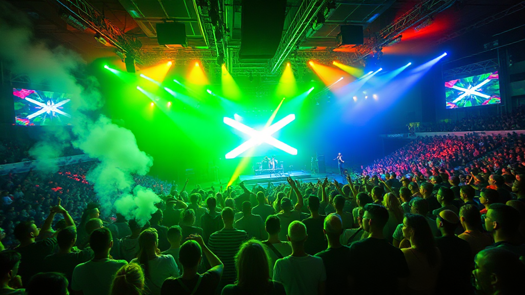 A concert with a large crowd facing a stage illuminated by colorful green, yellow, and blue lights, with smoke and screens displaying visuals.