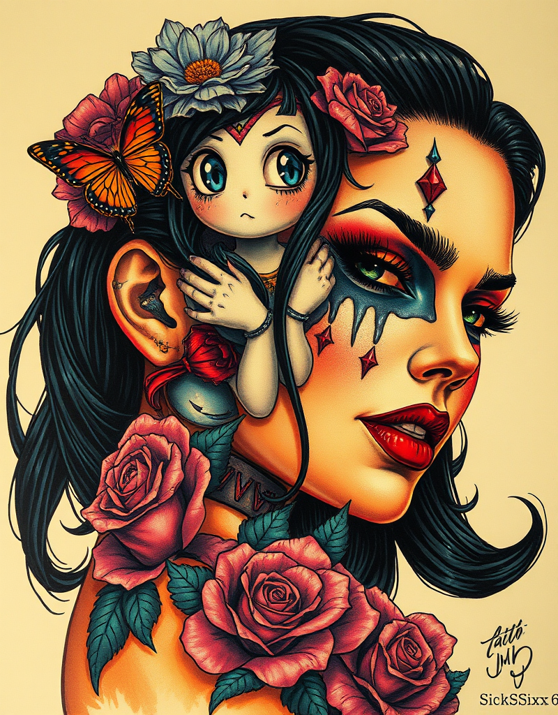 A digital illustration of a woman with black hair, bold makeup, and roses on her shoulder, with a smaller cartoonish girl with large eyes and flowers in her hair on her head, surrounded by a butterfly and roses.