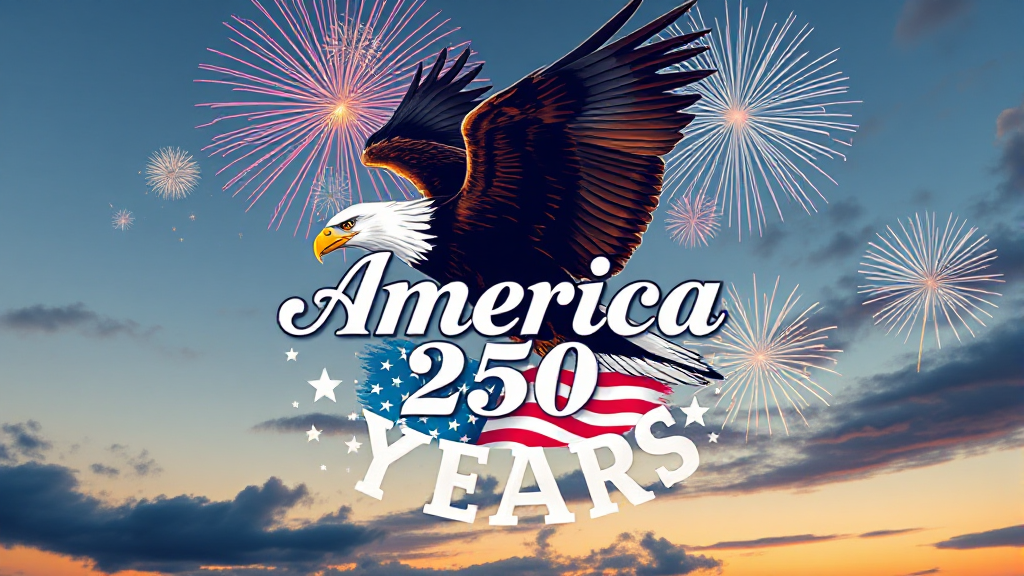 Celebration of America’s 250th anniversary with an American bald eagle, fireworks in the sky, and a logo displaying the text "America 250 Years" over a sunset background.