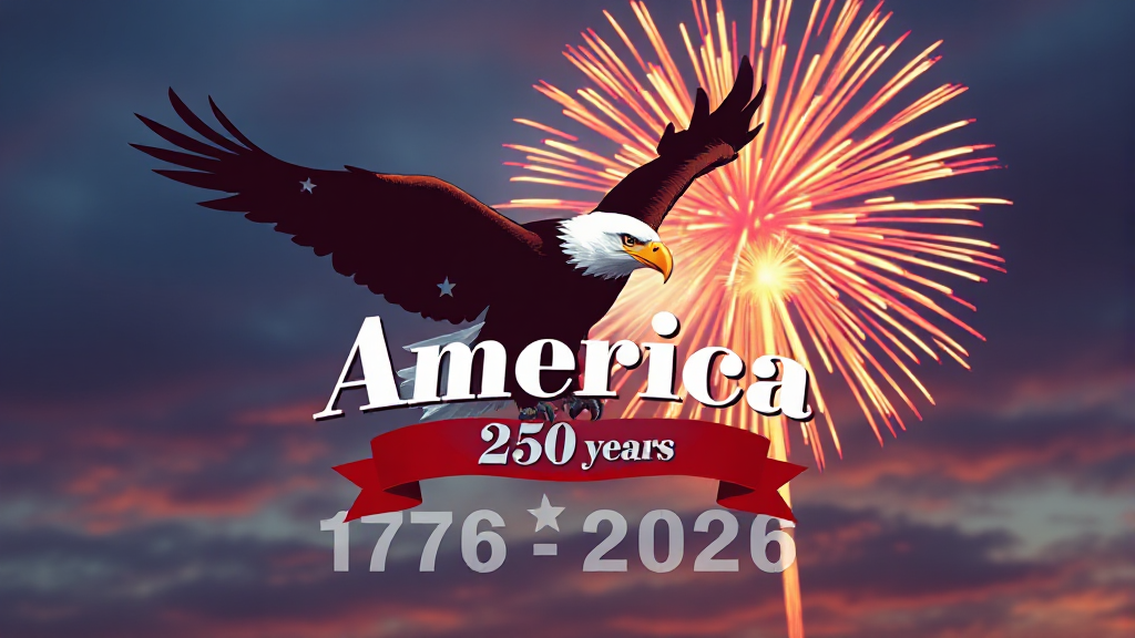 Illustration celebrating American independence with a bald eagle soaring in front of fireworks, with text marking 250 years from 1776 to 2026.