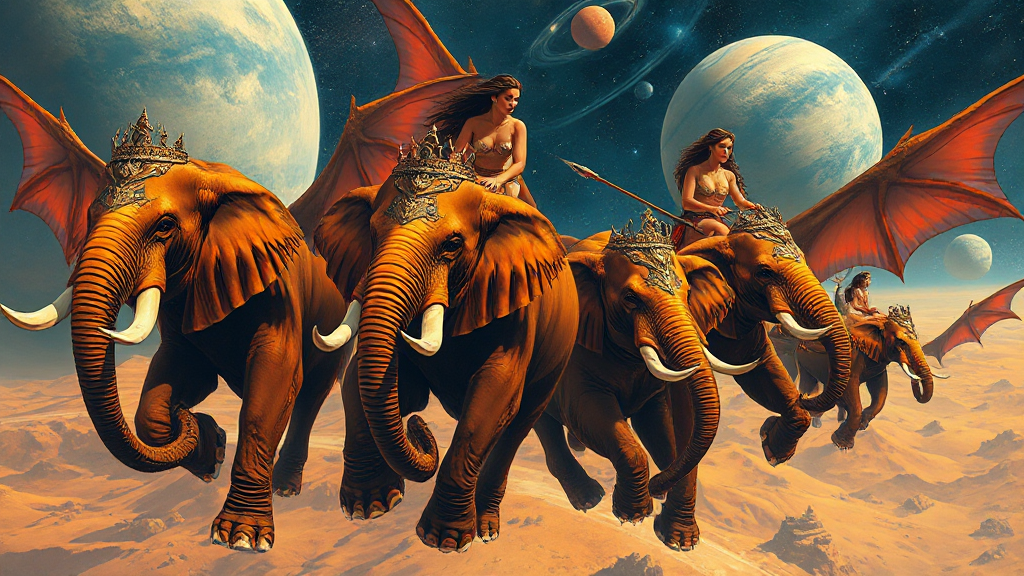 Fantasy scene of five women riding on flying elephants with large wings across a desert landscape with multiple planets visible in the sky.
