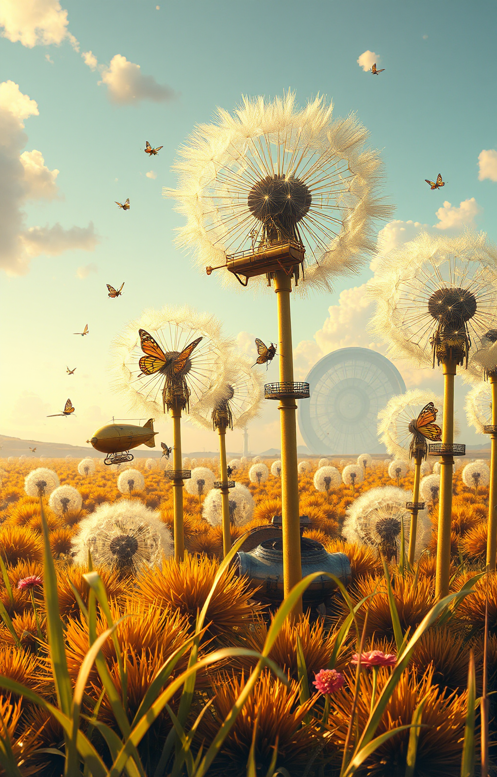 A surreal landscape with flying dandelions, butterflies, and a drone in a field of orange flowers on a sunny day.