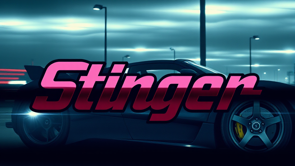 A sleek black sports car parked under streetlights in a city at night, with the word 'Stinger' in bold pink and black text overlayed.